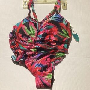 Tropical Floral Padded plus Size One-Piece Swimsuit - Black Multi